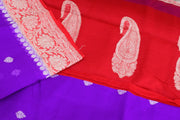 Banarasi silk chiffon  saree in violet  with silver buttis & border and a contrast pallu in red