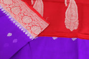 Banarasi silk chiffon  saree in violet  with silver buttis & border and a contrast pallu in red