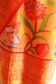 Kanchipuram pure silk printed saree in  two tone coral- orange & peach with birds and paisley floral vines.
