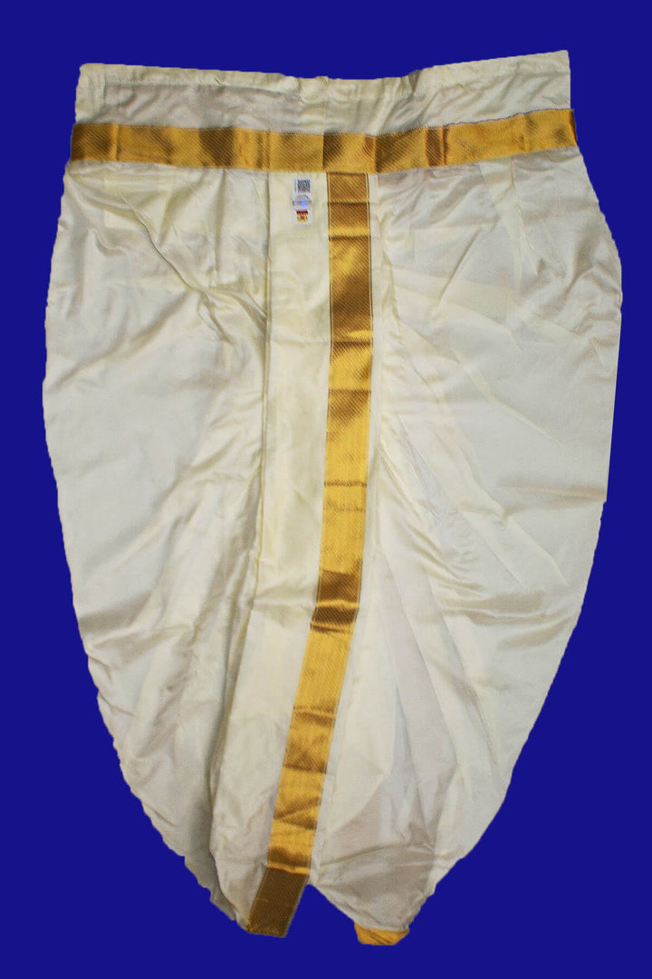 Ready to wear pure silk Dhoti/Panche  with Angavastram/Shelya  in off white with  2 inch gold border