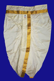 Ready to wear pure silk Dhoti/Panche  with Angavastram/Shelya of 2m in off white with  2 inch gold border