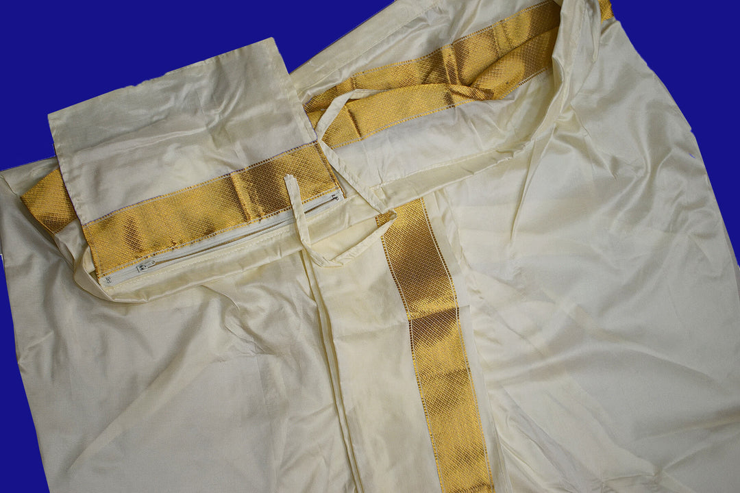 Ready to wear pure silk Dhoti/Panche  with Angavastram/Shelya  in off white with  2 inch gold border