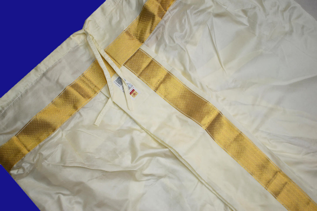 Ready to wear pure silk Dhoti/Panche  with Angavastram/Shelya  in off white with  2 inch gold border