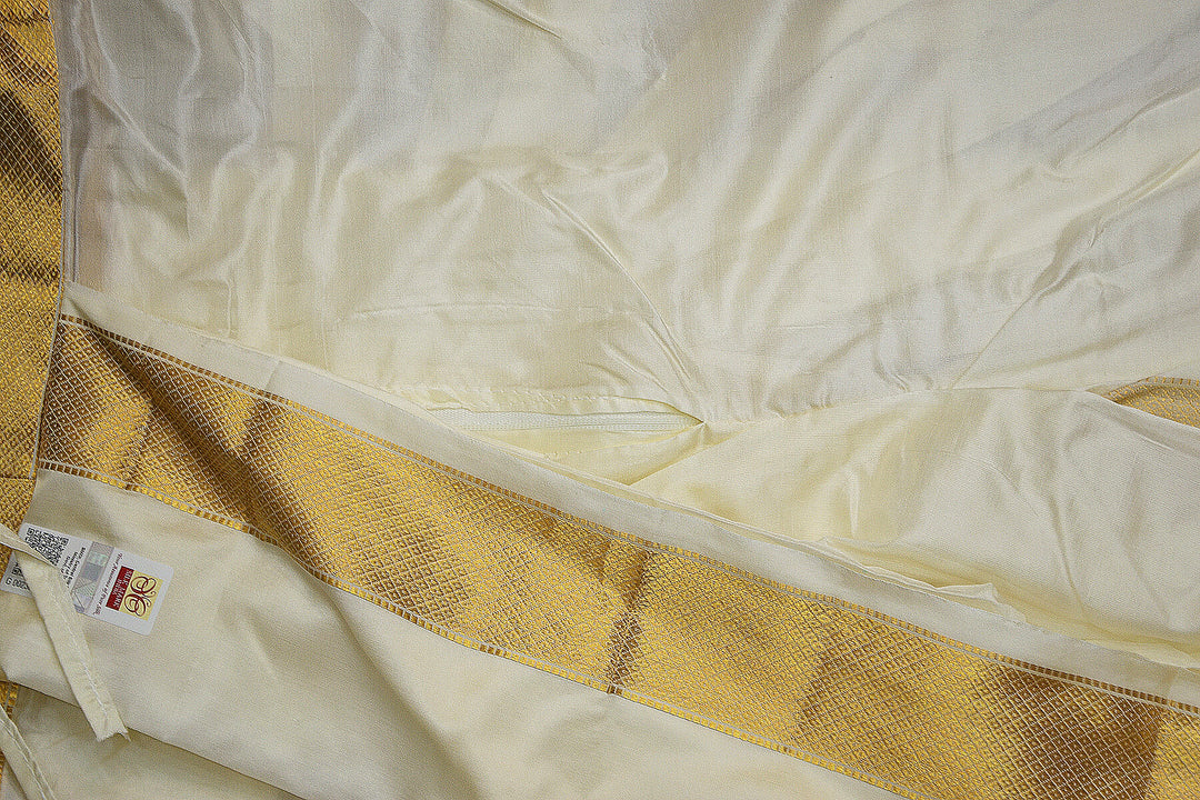 Ready to wear pure silk Dhoti/Panche  with Angavastram/Shelya  in off white with  2 inch gold border