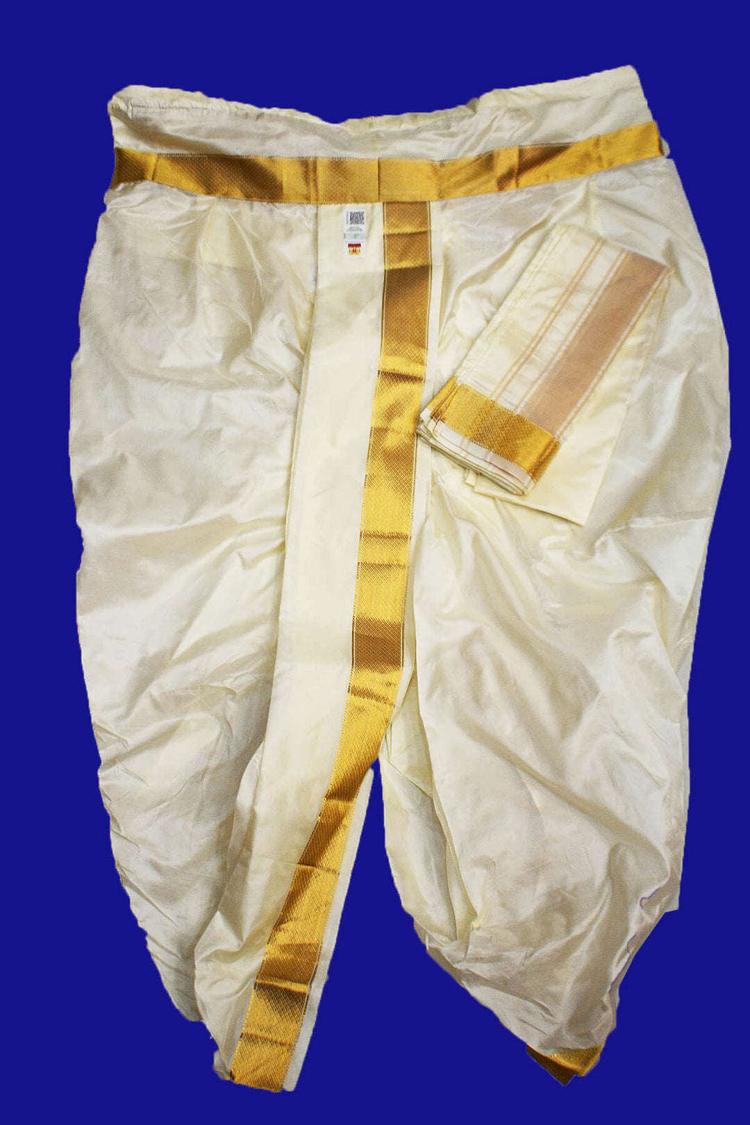 Ready to wear pure silk Dhoti/Panche  with Angavastram/Shelya  in off white with  2 inch gold border