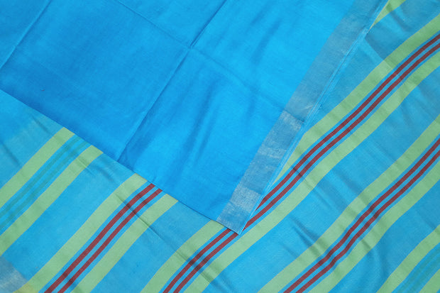 Handwoven Eri pure silk saree in aqua blue with  striped pallu.