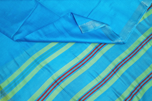 Handwoven Eri pure silk saree in aqua blue with  striped pallu.