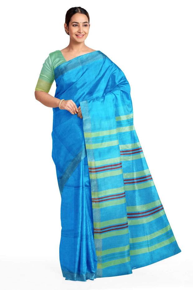 Handwoven Eri pure silk saree in aqua blue with  striped pallu.