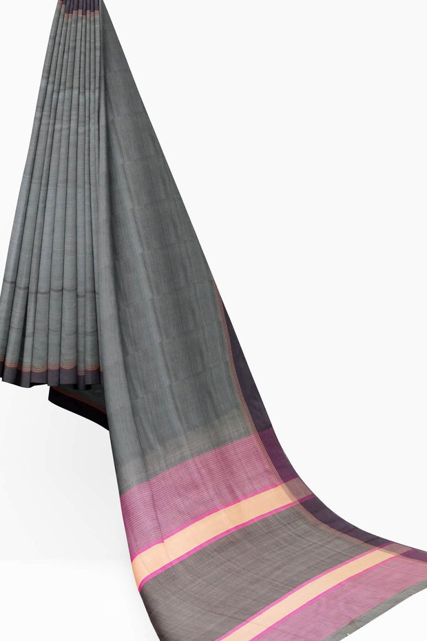 Handwoven Eri pure silk saree in slate grey with  striped pallu.