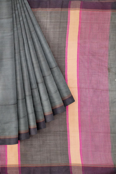 Handwoven Eri pure silk saree in slate grey with  striped pallu.