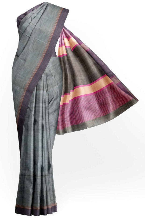 Handwoven Eri pure silk saree in slate grey with  striped pallu.