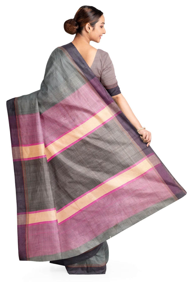 Handwoven Eri pure silk saree in slate grey with  striped pallu.