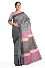 Handwoven Eri pure silk saree in slate grey with  striped pallu.