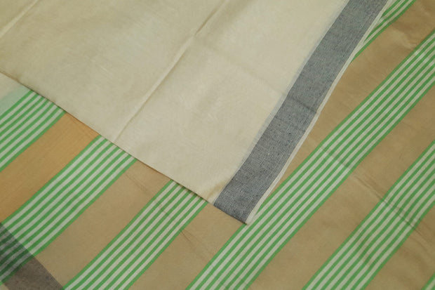 Handwoven Eri pure silk saree in cream with  striped pallu.