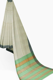 Handwoven Eri pure silk saree in cream with  striped pallu.