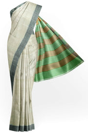 Handwoven Eri pure silk saree in cream with  striped pallu.