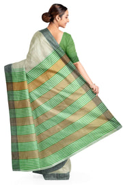 Handwoven Eri pure silk saree in cream with  striped pallu.