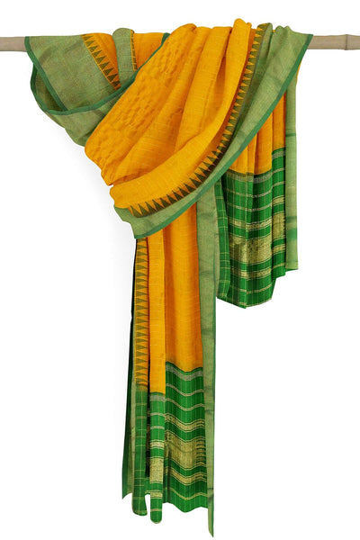 Handloom Gadwal pure silk dupatta in yellow with temple border