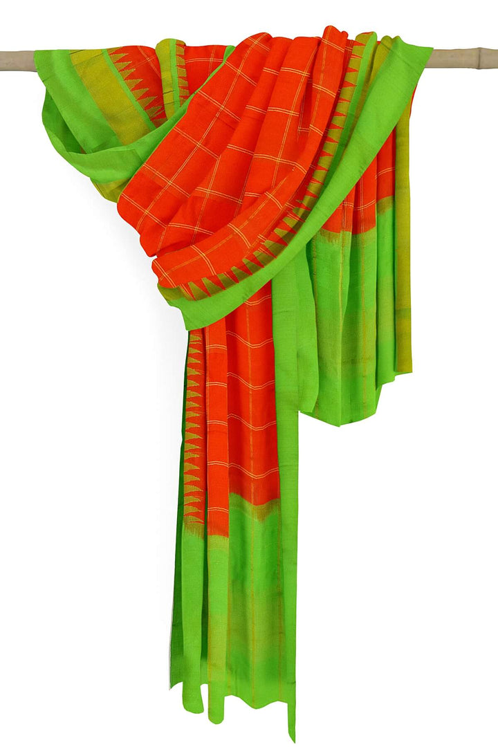 Handloom Gadwal pure silk dupatta in red with temple border
