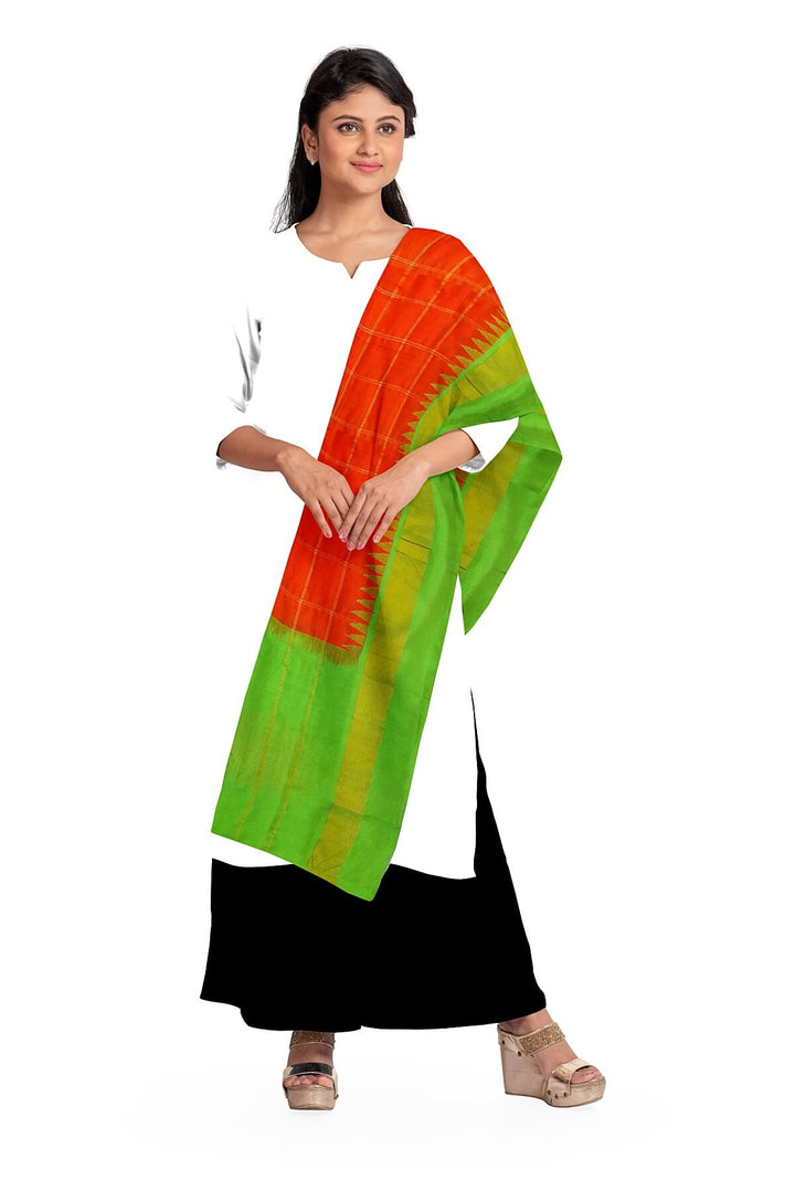 Handloom Gadwal pure silk dupatta in red with temple border