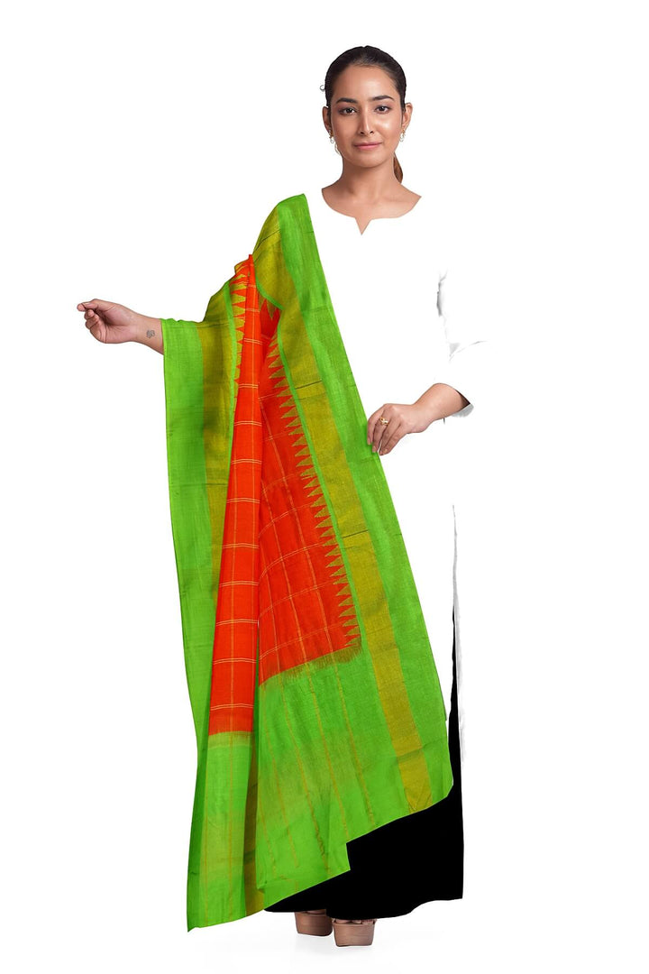Handloom Gadwal pure silk dupatta in red with temple border