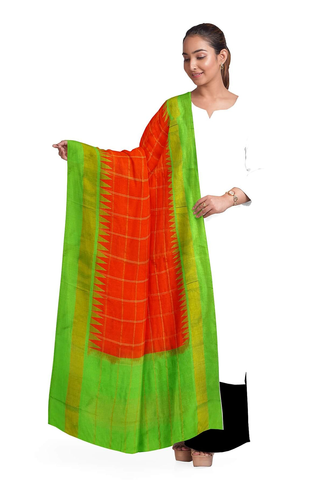 Handloom Gadwal pure silk dupatta in red with temple border
