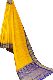 Gadwal pure silk saree in yellow with floral & peacock motifs in gold