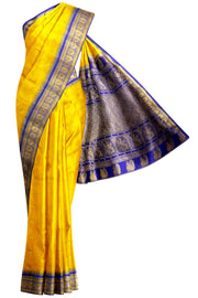 Gadwal pure silk saree in yellow with floral & peacock motifs in gold