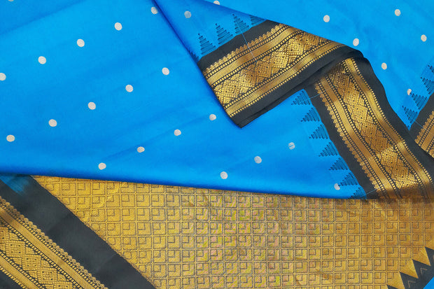 Gadwal pure silk saree in  blue with small floral motifs in gold .