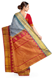 Gadwal pure silk saree in ash grey with small motifs on the body.