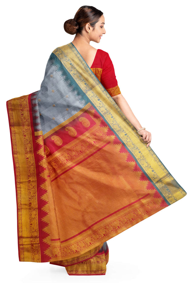 Gadwal pure silk saree in ash grey with small motifs on the body.