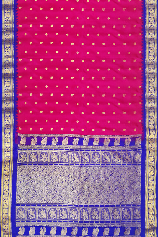 Gadwal pure silk saree in pink with peacock & floral motifs on the body