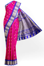 Gadwal pure silk saree in pink with peacock & floral motifs on the body