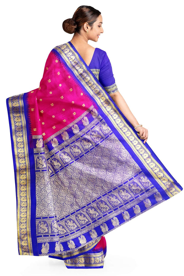 Gadwal pure silk saree in pink with peacock & floral motifs on the body