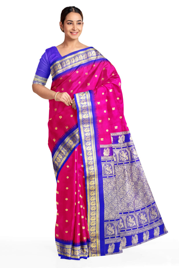Gadwal pure silk saree in pink with peacock & floral motifs on the body
