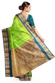 Gadwal pure silk saree in leaf green with small motifs on the body