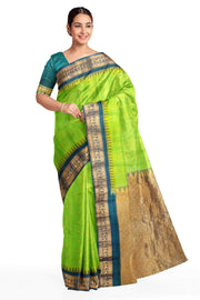 Gadwal pure silk saree in leaf green with small motifs on the body