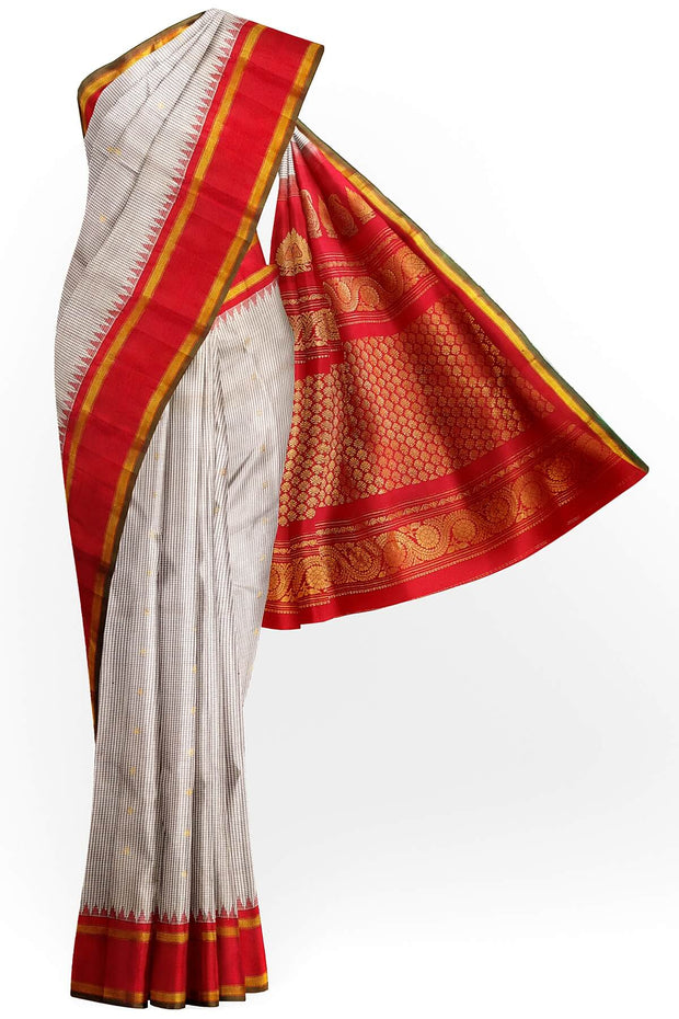 Handwoven Gadwal pure silk saree in off white with fine checks and gold buttis.
