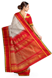 Handwoven Gadwal pure silk saree in off white with fine checks and gold buttis.