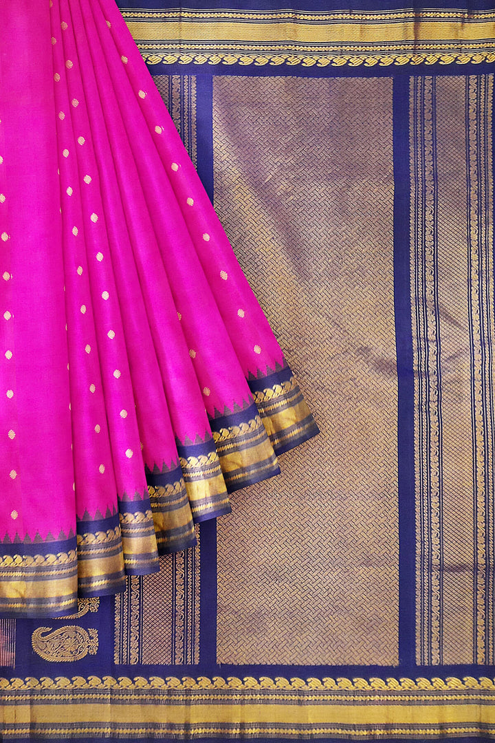 Handwoven Gadwal pure silk saree in pink with gold buttis
