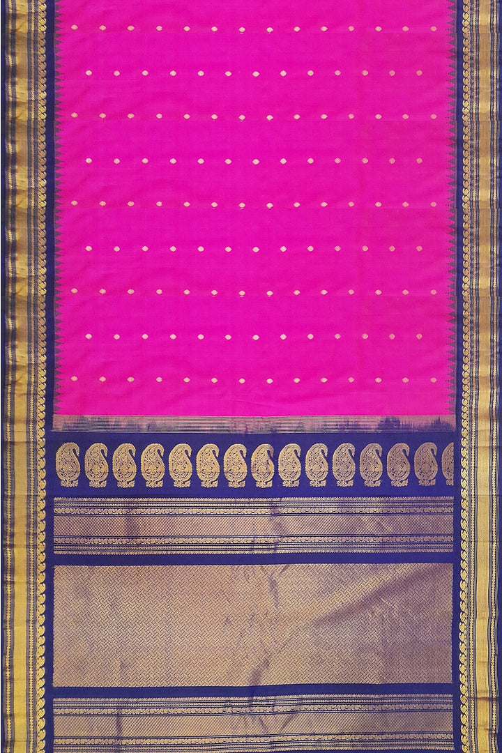 Handwoven Gadwal pure silk saree in pink with gold buttis