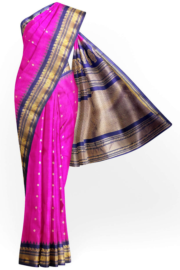 Handwoven Gadwal pure silk saree in pink with gold buttis