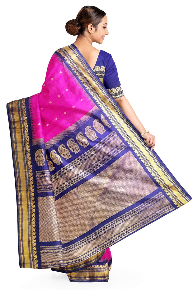 Handwoven Gadwal pure silk saree in pink with gold buttis