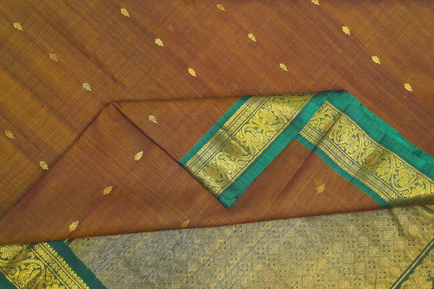 Handloom Gadwal SICO (silk cotton ) saree in walnut & green