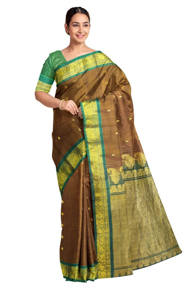Handloom Gadwal SICO (silk cotton ) saree in walnut & green