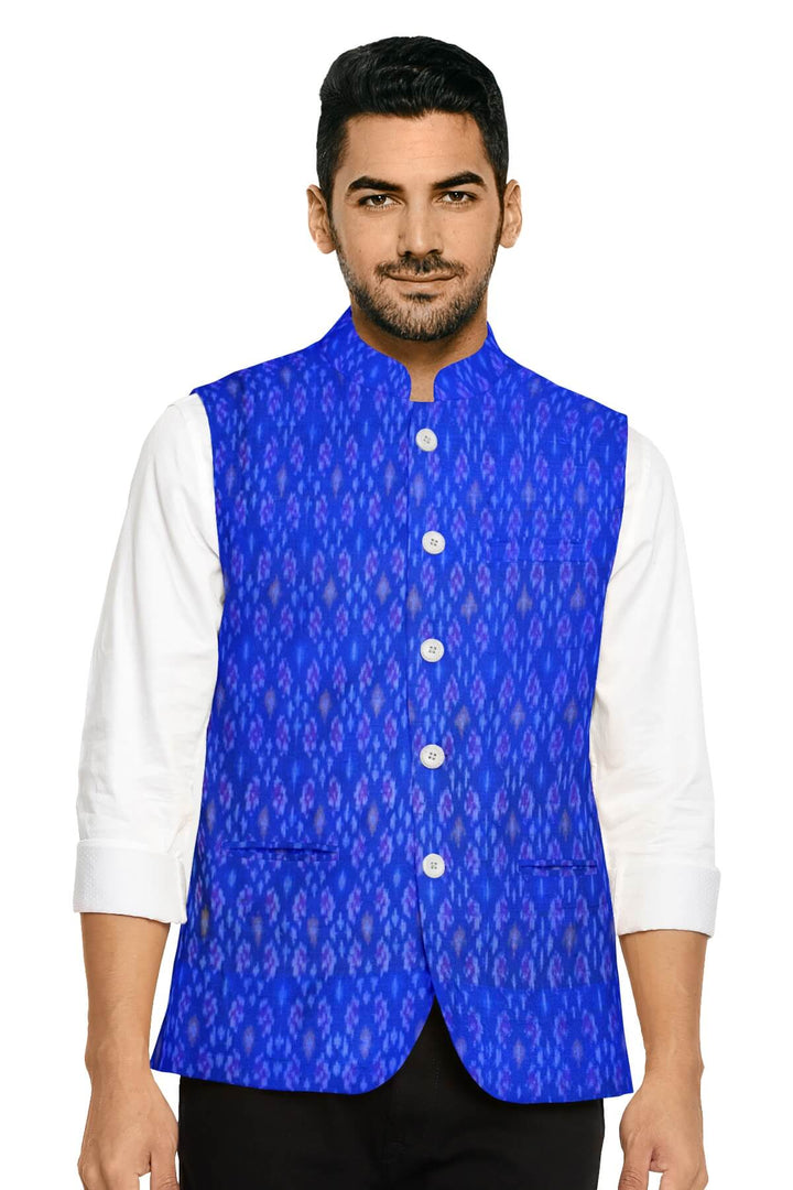 Handwoven Ikkat pure silk  fabric in dupioni finish in blue