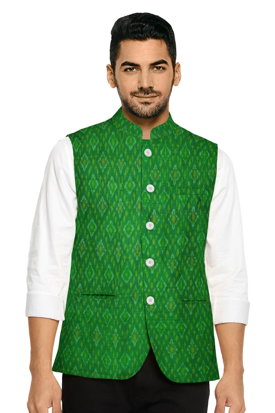 Handwoven Ikkat pure silk  fabric in dupioni finish in green