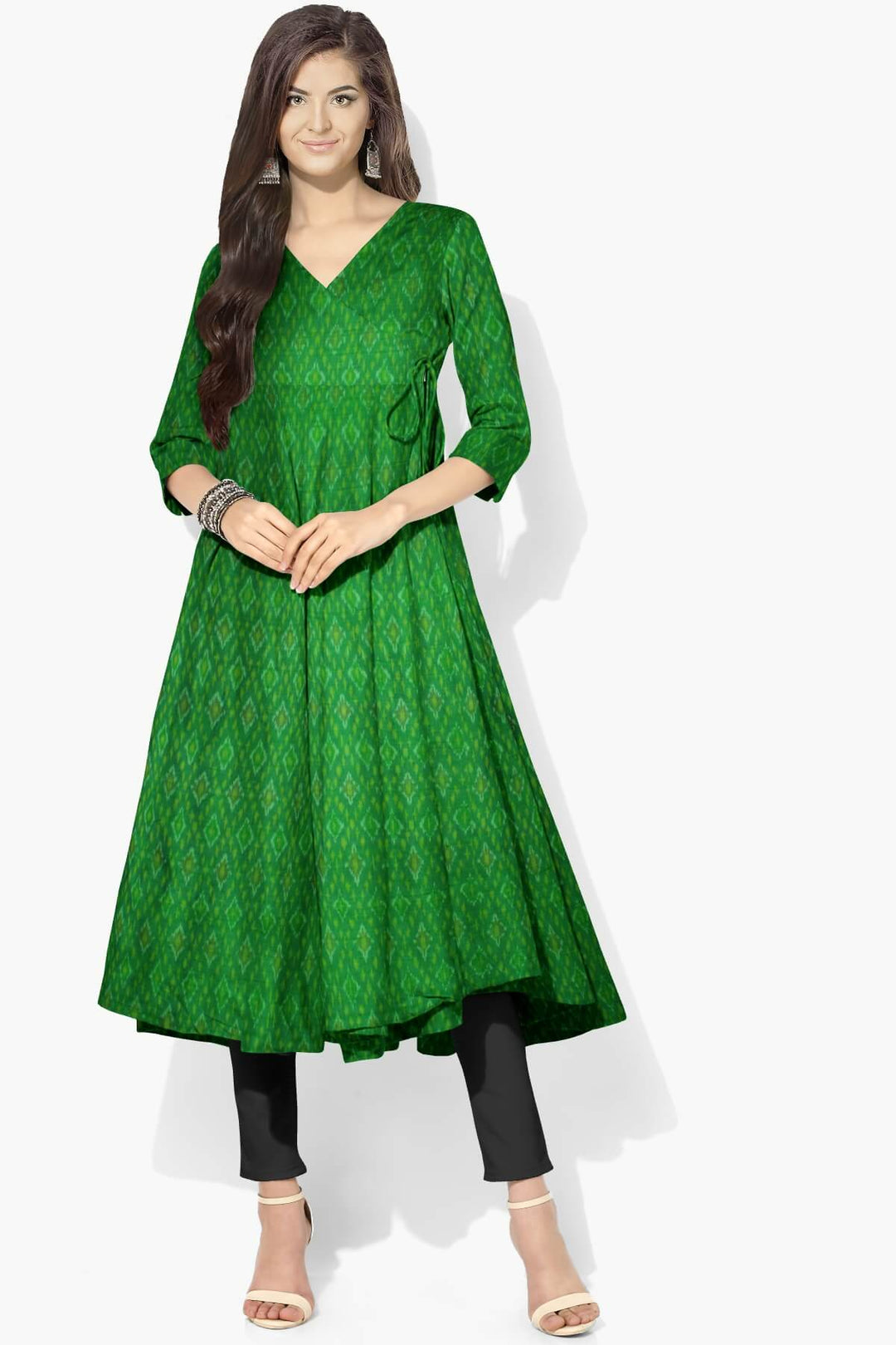 Handwoven Ikkat pure silk  fabric in dupioni finish in green