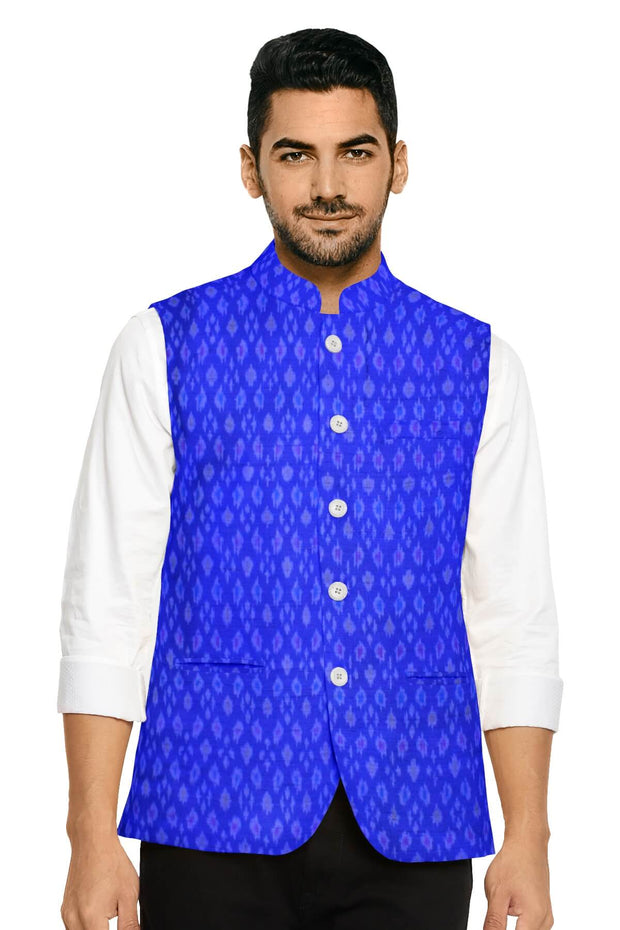 Handwoven Ikkat pure silk  fabric in dupioni finish in blue..
