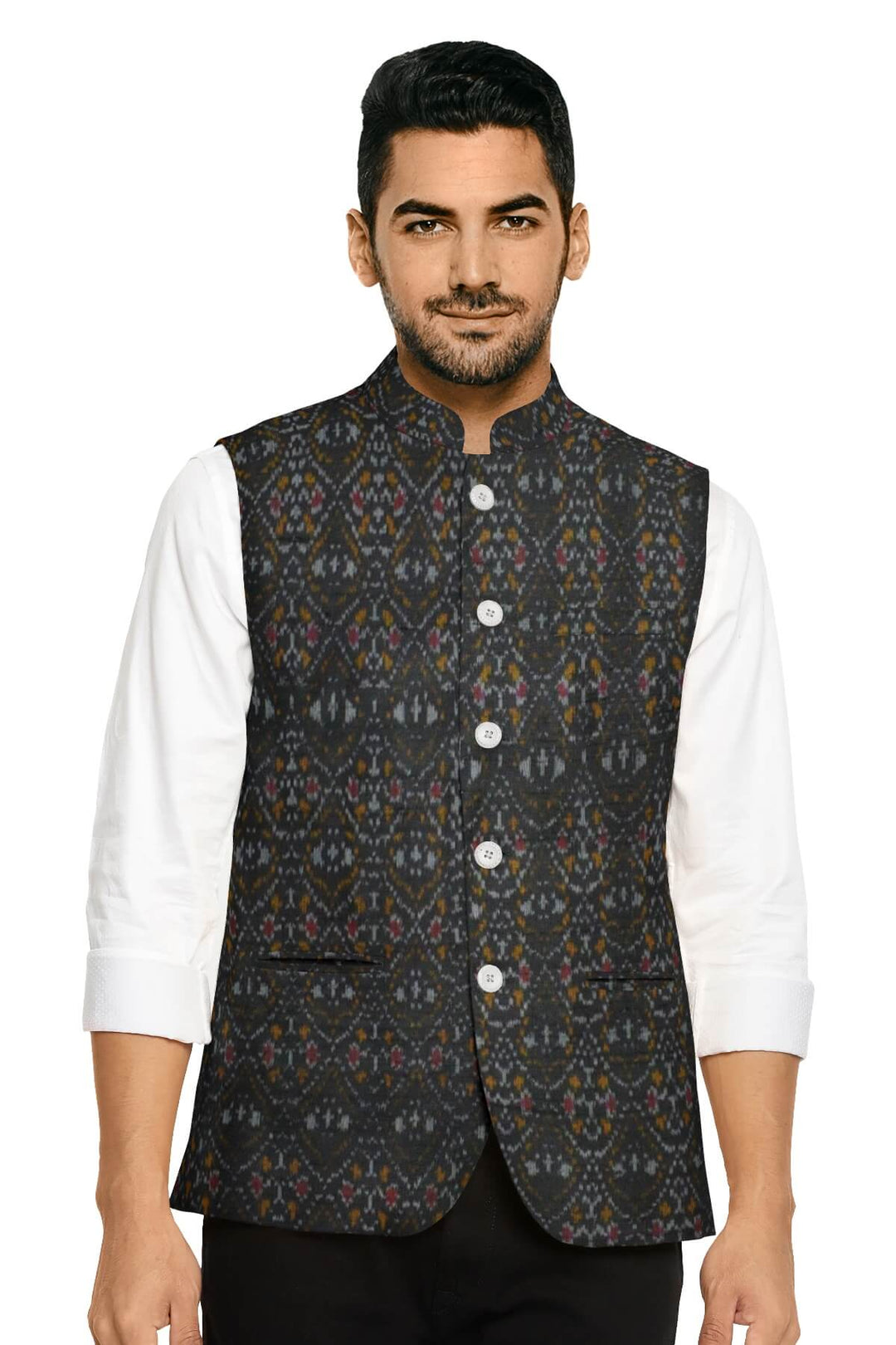 Handwoven Ikkat pure silk  fabric in dupioni finish in black.